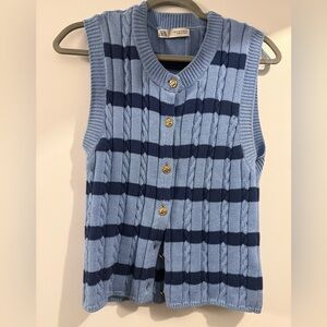 Zara Light Blue and Navy Cable Knit Vest